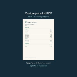 May include: A digital custom price list PDF template featuring a clean layout with dark green headings and black text on a cream background. The document lists candle products, categories, and prices, with the title Market Day Candles at the top.