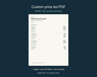 Custom Business Price List PDF - Personalized One-Page Menu, US Letter and A4