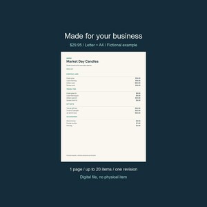 May include: A digital price list template on a cream-colored background with dark text. The header reads Made for your business and Market Day Candles. The document lists categories including Everyday Jars, Travel Tins, Gift Sets, and Accessories.