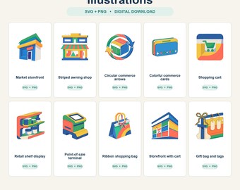 10 Retail & Shopping Illustrations - Colorful SVG and PNG Clipart Bundle