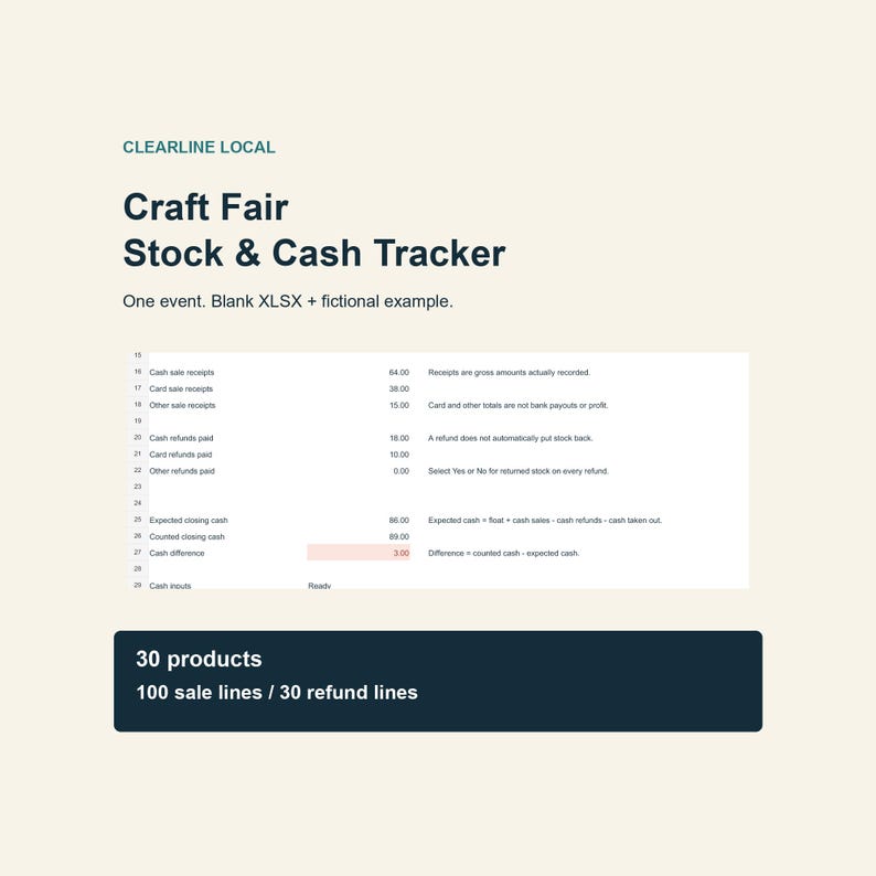 May include: A digital spreadsheet template titled Clearline Local Craft Fair Stock & Cash Tracker. It includes a blank XLSX file and a fictional example showing rows for cash, card, and other receipts, refunds, and closing cash calculations.