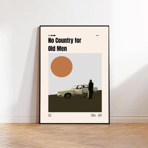 Könnte beinhalten: Ein gerahmtes Poster mit minimalistischem Design für "No Country for Old Men". Das Kunstwerk zeigt einen beigen Hintergrund, einen braunen Kreis, ein helles Auto und eine Figur. Der Titel ist in Schwarz gedruckt.