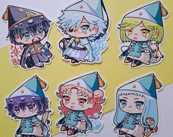 May include: A collection of six chibi-style character stickers. Each sticker depicts a character with different hair colours and outfits, all wearing a teal hat with a gold tassel and a teal and white outfit. Some characters have elemental effects around them.