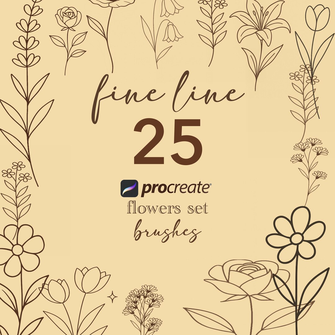25 Fine Line Procreate Brushes • Flowers Line Art Stamps • Floral ...