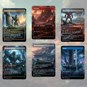 以下が含まれることがあります： マジック：ザ・ギャザリングのトレーディングカード6枚。カードには、テキストとマナシンボルとともに、さまざまな風景や生き物が描かれています。カードの色は、緑、赤、青、金など様々です。カードはマジック：ザ・ギャザリングというゲーム用です。