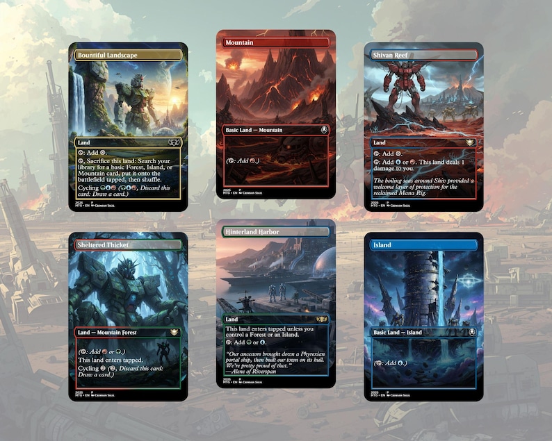 以下が含まれることがあります： マジック：ザ・ギャザリングのトレーディングカード6枚。カードには、テキストとマナシンボルとともに、さまざまな風景や生き物が描かれています。カードの色は、緑、赤、青、金など様々です。カードはマジック：ザ・ギャザリングというゲーム用です。