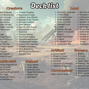 以下が含まれることがあります： クリーチャー、土地、アーティファクト、ソーサリー、エンチャント、インスタント、指揮官などのカテゴリーを持つデッキリスト。 「Atarka, World Render」や「Bountiful Landscape」などのカード名が含まれています。