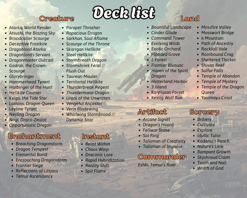 以下が含まれることがあります： クリーチャー、土地、アーティファクト、ソーサリー、エンチャント、インスタント、指揮官などのカテゴリーを持つデッキリスト。 「Atarka, World Render」や「Bountiful Landscape」などのカード名が含まれています。
