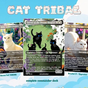 May include: Three custom Magic: The Gathering cards featuring cat-themed artwork. The cards are titled Elesh Norn, Grand Cenobite, Lurrus of the Dream-Den, and Breena, the Demagogue. The text CAT TRIBAL appears at the top, with additional text below.