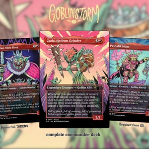 May include: Three trading cards from the Goblinstorm set featuring Krenko, Mob Boss, Zada, Hedron Grinder, and Pashalik Mons. Each card displays a colorful, stylized illustration of a goblin character with text detailing abilities and stats.