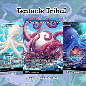 May include: Three Magic: The Gathering trading cards titled Tentacle Tribal, featuring artwork of a white sphinx, a large kraken with pink tentacles, and a blue octopus. The cards include text, game stats, and the label complete commander deck.