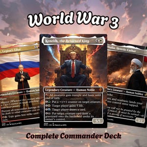 May include: Three collectible trading cards with the text "World War 3" at the top and "Complete Commander Deck" at the bottom. The cards feature illustrations of political figures and flags.