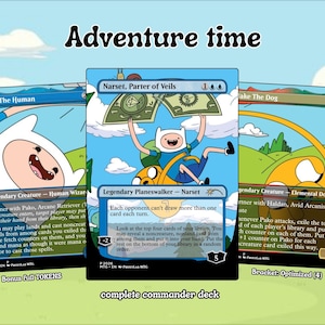 May include: Three custom trading cards featuring Adventure Time characters. The center card is Narset, Parter of Veils, flanked by Finn the Human and Jake the Dog. Each card displays game text, mana symbols, and character illustrations in a cartoon style.
