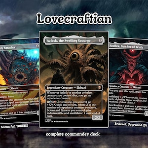 May include: Three Magic: The Gathering trading cards featuring dark, tentacled Eldrazi creatures. The center card is Azlask, the Swelling Scourge, flanked by Reality Smasher and Kozilek, Butcher of Truth. The cards display detailed text and artwork.