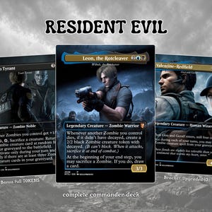 May include: Three Resident Evil themed trading cards featuring character illustrations and game text. The center card depicts Leon, the Rotcleaver, while the side cards show Tomb Tyrant and Valentine-Redfield. The cards include game mechanics and stats.
