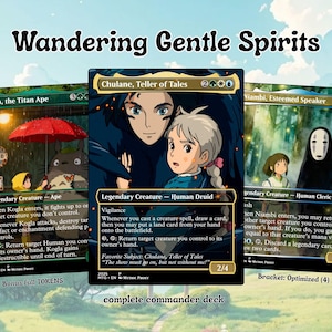 May include: Three custom Magic: The Gathering trading cards titled Wandering Gentle Spirits. The cards feature anime-style illustrations of characters, including Kogla, the Titan Ape, Chulane, Teller of Tales, and Niambi, Esteemed Speaker, with text.