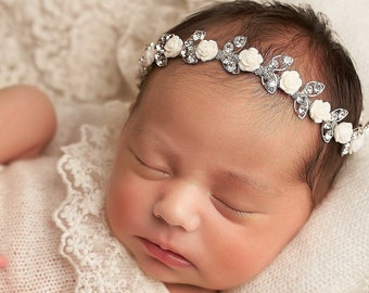 Baptism Headband Baby Girl Baptism Headband Newborn Rhinestone Headband Baby Christening Headbands Flower Girl Headband Newborn Photo Prop