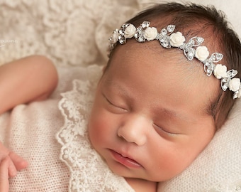 Baby Girl White Christening Headband Baptism Wedding Pearl Lace Hairband