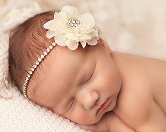 Ivory Rhinestone Baby Headband: Christening Baptism Halo, Photo Prop