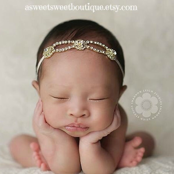 Gold Baby Bling Headband, Gold Rhinestone Headband, Newborn Rhinestone Headband, Gatsby Baby Headband, Vintage Newborn Girl Photo Prop