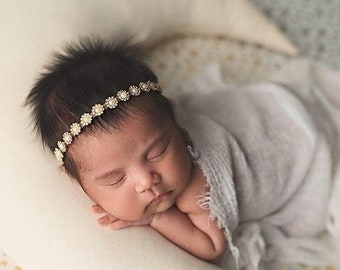 Gold Baby Headband, Rhinestone Halo, Vintage Style, Newborn Photo Shoot Headband, Baptism Headband, Pearl Christening Headband For Baby Girl