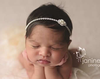 Simple Pearl Christening Baby Headband, Dainty Rhinestone Newborn Headband, Christening Headband, Baptism Headband, Baby Blessing Headband