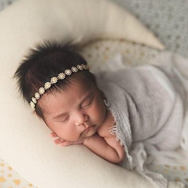 Gold Baby Headband, Rhinestone Halo, Vintage Style, Newborn Photo Shoot Headband, Baptism Headband, Pearl Christening Headband For Baby Girl