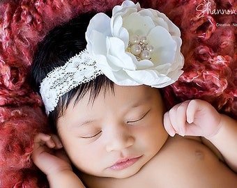 White Floral Christening Headband, White Lace Christening Headband, Newborn Flower Headband, Baby Baptism Headband, Newborn Girl Photo Prop