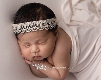 Gatsby Style Baby Headband, Baby Rhinestone Headband, Gold Rhinestone Newborn Headband, Silver Crystal Headband, Vintage Newborn Photo Prop