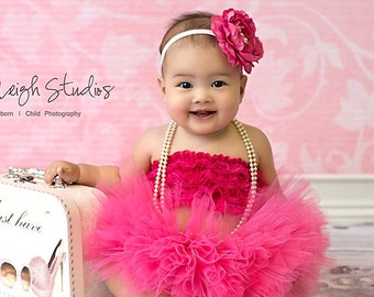 First Birthday Girl Photo Outfit, Hot Pink Baby Girl Tutu With Lace Top And Headband, Pink Cake Smash Tutu Outfit, 6 Month Girl Photo Outfit