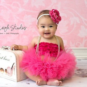 First Birthday Girl Photo Outfit, Hot Pink Baby Girl Tutu With Lace Top And Headband, Pink Cake Smash Tutu Outfit, 6 Month Girl Photo Outfit image 1