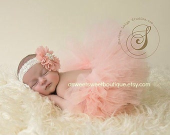 Peach Tutu Baby, Newborn Tutu, Peach Tutu And Headband, Lace Newborn Headband, Pink Newborn Tutu, Baby Girl Tutu Set, Newborn Photo Prop