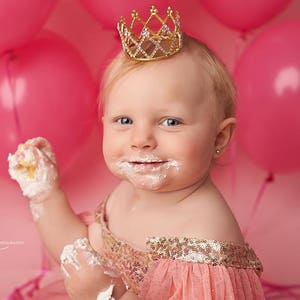 Gold Toddler Crown Headband, First Birthday Crown, Baby Girl Tiara Headband, Flower Girl Crown, Newborn Rhinestone Crown, Cake Smash Crown image 6