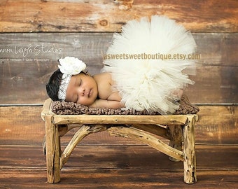 Newborn Girl Photoshoot Outfit, Ivory Newborn Tutu, Baby Girl Tutu, Newborn Tutu And Flower Headband,  Newborn Photo Prop Girl, Baby Gift