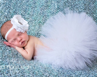 Newborn Tutu Outfit, Newborn Photo Outfit Girl, Baby Tutu, White Tulle Skirt, Tutu And Headband, Newborn Photo Prop, Extra Full White Tutu