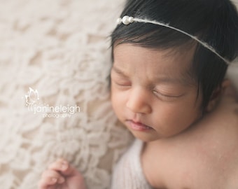 Dainty Newborn Headband, Simple Baby Headband, Delicate Newborn Headband, Pearl Halo Tie Back Headband, Simple Newborn Photo Prop For Girls