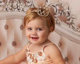 Gold Toddler Crown Headband, First Birthday Crown, Baby Girl Tiara Headband, Flower Girl Crown, Newborn Rhinestone Crown, Cake Smash Crown