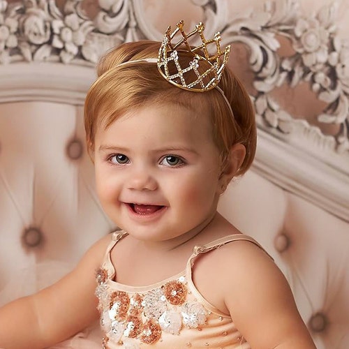 Gold First Birthday Girl Crown Headband Gold Rhinestone Etsy