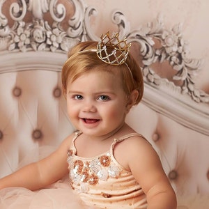 Gold Toddler Crown Headband, First Birthday Crown, Baby Girl Tiara Headband, Flower Girl Crown, Newborn Rhinestone Crown, Cake Smash Crown image 1