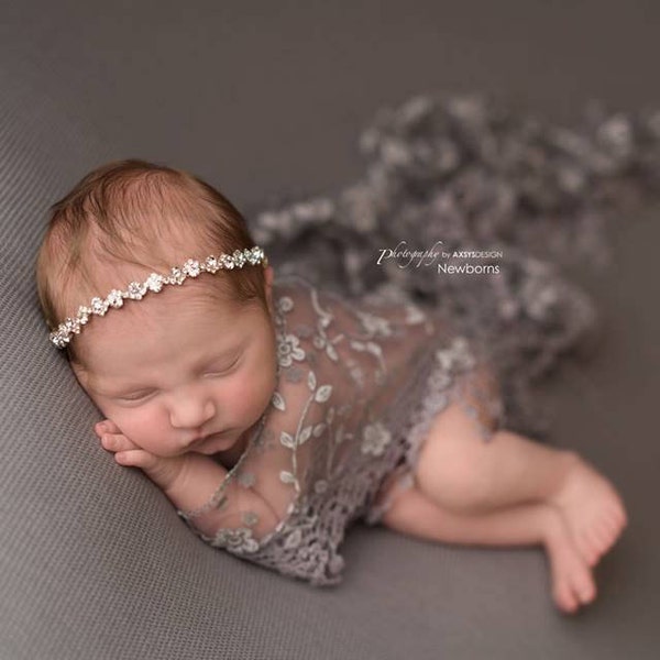 Simple Dainty Newborn Headband, Silver Rhinestone Christening Headband, Baby Headband, Newborn Rhinestone Head Piece, Simple Baby Headband