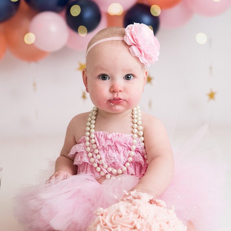 First Birthday Photo Outfit For Baby Girl, Champagne Tutu And Flower Headband, Gold And Ivory Extra Full Tutu With Lace Tutu Top, Cake Smash Pink