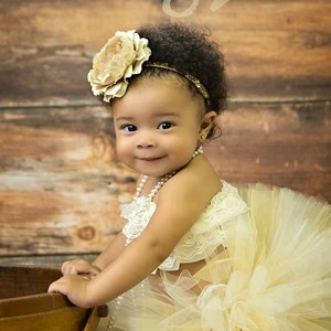 First Birthday Photo Outfit For Baby Girl, Champagne Tutu And Flower Headband, Gold And Ivory Extra Full Tutu With Lace Tutu Top, Cake Smash Champagne (Pictured)