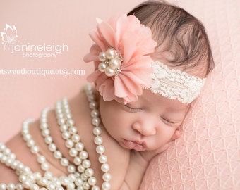 Peach Flower Headband For Baby Girl, Peach And Ivory Headband, Vintage Newborn Headband, Lace Flower Headband For Baby, Newborn Photo Prop
