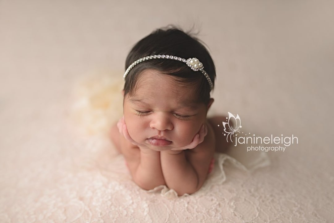 Simple Pearl Christening Baby Headband, Dainty Rhinestone Newborn