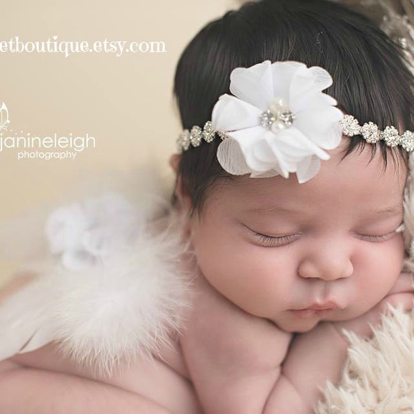 Newborn Angel Wings, Rhinestone Headband, Angel Wings And Headband Set, Newborn Photo Prop, White Feather Wings, Baby Shower Gift For Girl