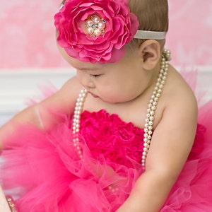 First Birthday Girl Photo Outfit, Hot Pink Baby Girl Tutu With Lace Top And Headband, Pink Cake Smash Tutu Outfit, 6 Month Girl Photo Outfit image 2