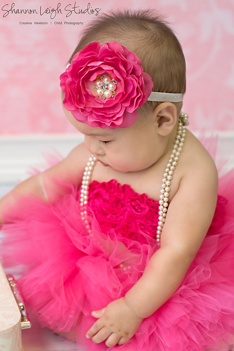 First Birthday Girl Photo Outfit, Hot Pink Baby Girl Tutu With Lace Top And Headband, Pink Cake Smash Tutu Outfit, 6 Month Girl Photo Outfit image 2