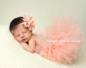 Peach Newborn Tutu, Baby Tutu, Vintage Peach Tutu And Headband, Baby Girl Photo Tutu, Pastel Peach Tutu, Baby Headband, Newborn Photo Prop