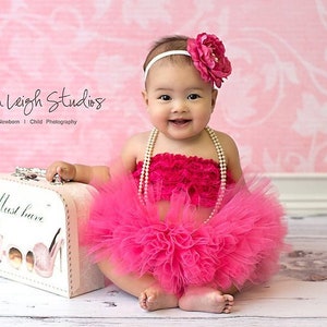 First Birthday Photo Outfit For Baby Girl, Champagne Tutu And Flower Headband, Gold And Ivory Extra Full Tutu With Lace Tutu Top, Cake Smash Hot Pink