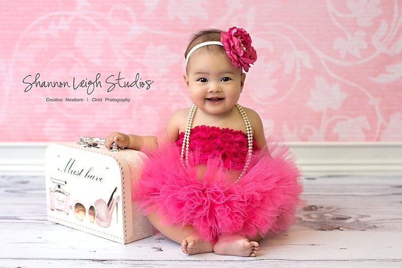 First Birthday Photo Outfit For Baby Girl, Champagne Tutu And Flower Headband, Gold And Ivory Extra Full Tutu With Lace Tutu Top, Cake Smash Hot Pink